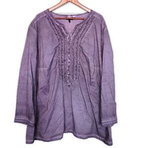 Ulla Popken Purple Ruffle Blouse 1/2 Button Up Long Sleeve V Neck 28/30